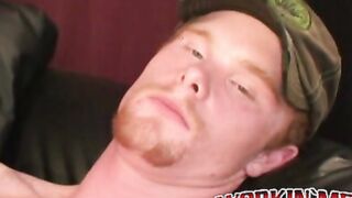 Redhead amateur tugging his long heavy prick & blasting cum