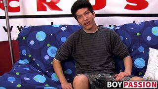 Interviewed young twink jerks off his huge dick & cums