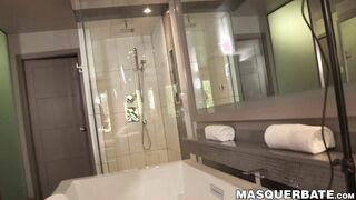 Brawny dude with nice abs James solo masturbates his weenie