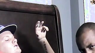 Ebony guy sucks a big white shaft till it cums